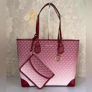 Michael Kors Eva Large Tote Shoulder Bag + 1 Pouch MK Ombre Cherry
